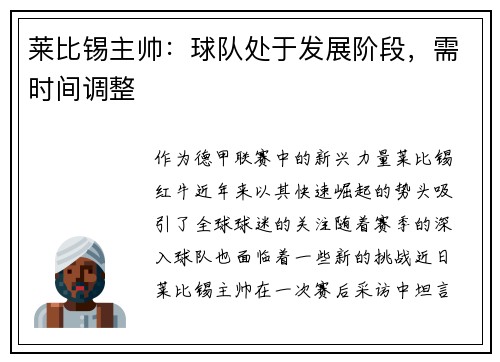 莱比锡主帅：球队处于发展阶段，需时间调整